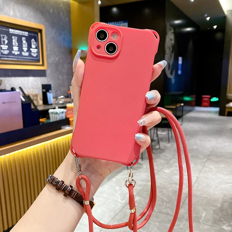 Solid Color Silicone Four Corner Protective Phone Case With Lanyard Strap For iPhone