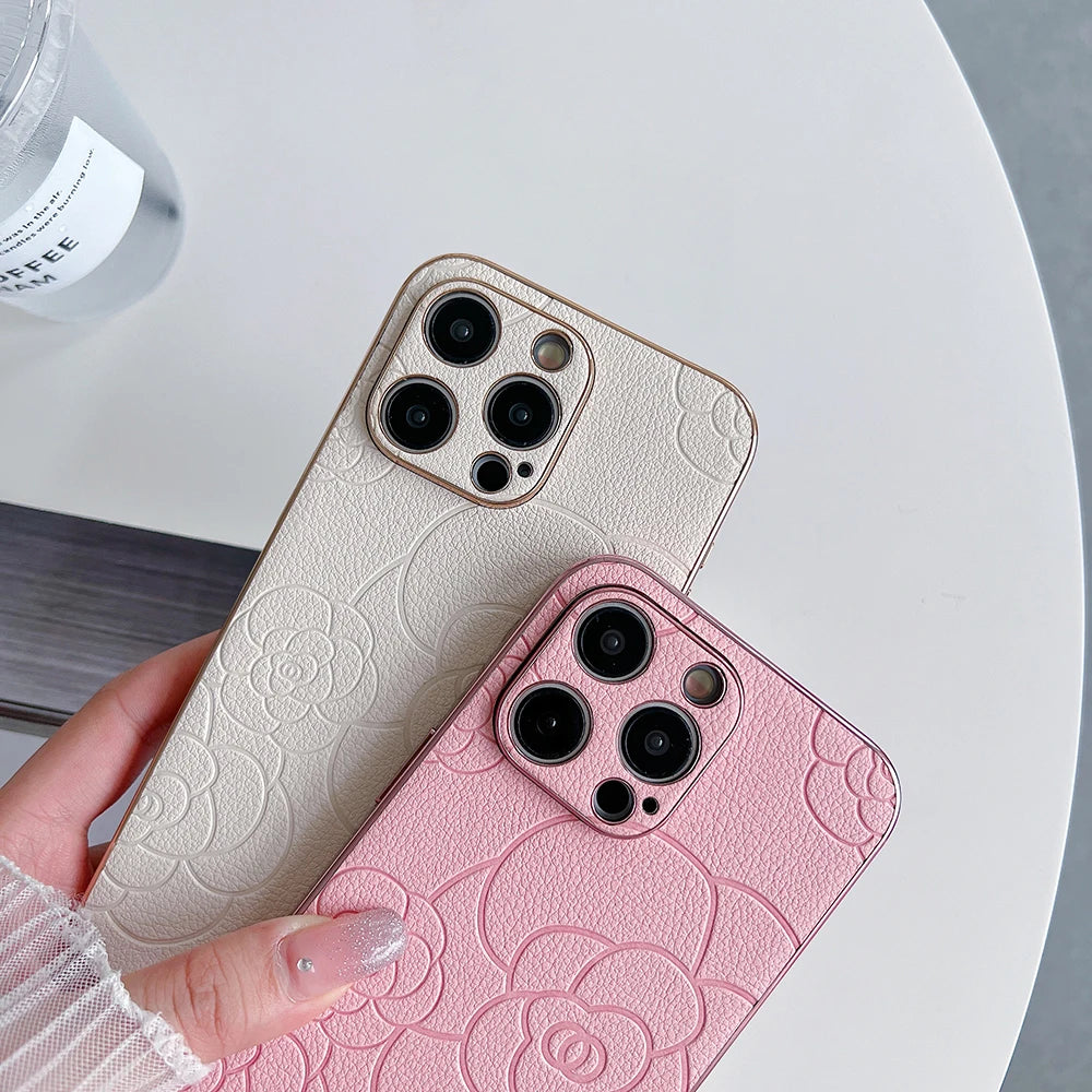 Luxury 3D cute camellia flowersl leather Case for iPhone