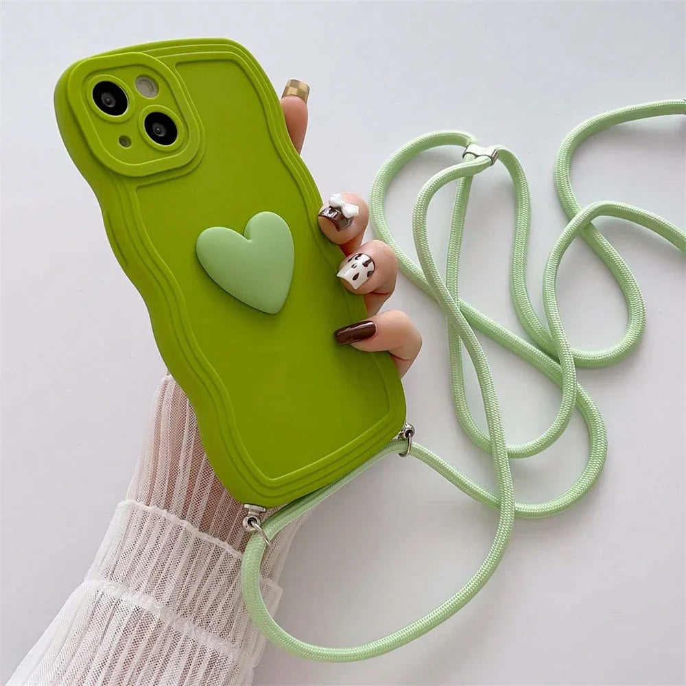 Luxury Crossbody Necklace Lanyard 3D Love Heart Wave Border Soft Case For iPhone