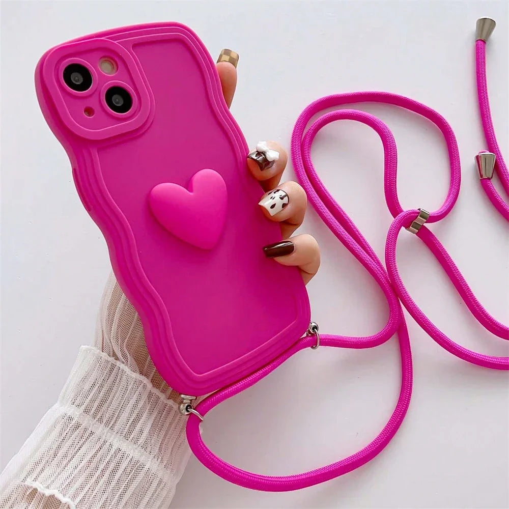 Luxury Crossbody Necklace Lanyard 3D Love Heart Wave Border Soft Case For iPhone