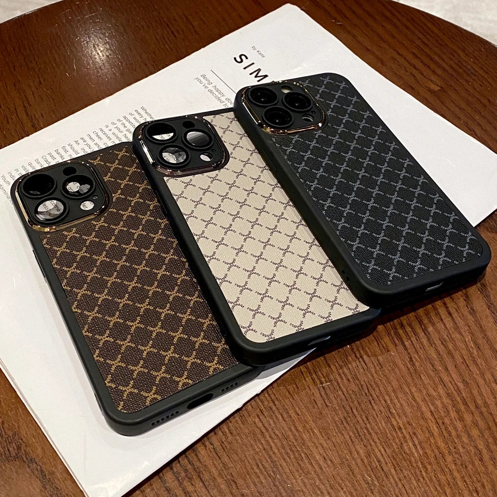 Luxury Soft Leather Fashion Geometric Plaid Pattern Case for iPhone