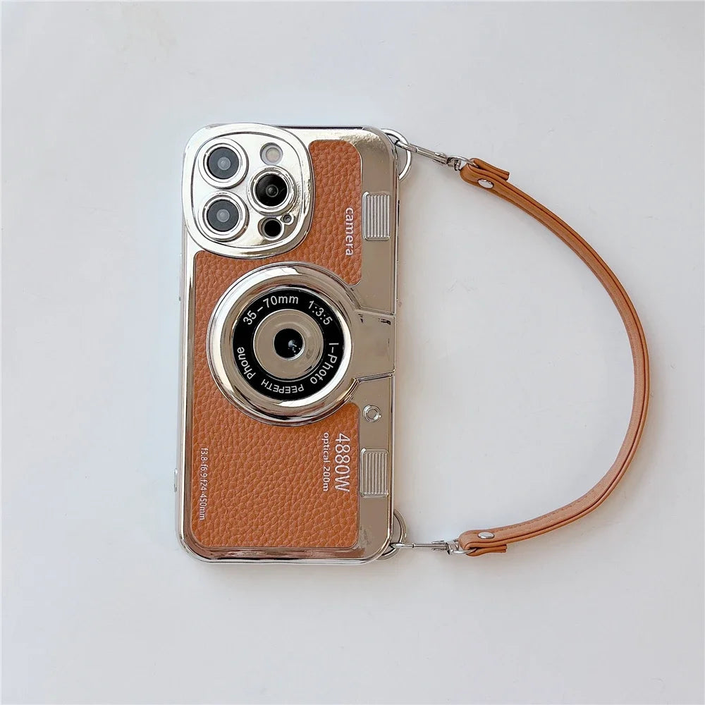 3D Retro Camera Graphic Phone Case PU Leather Strap For iPhone