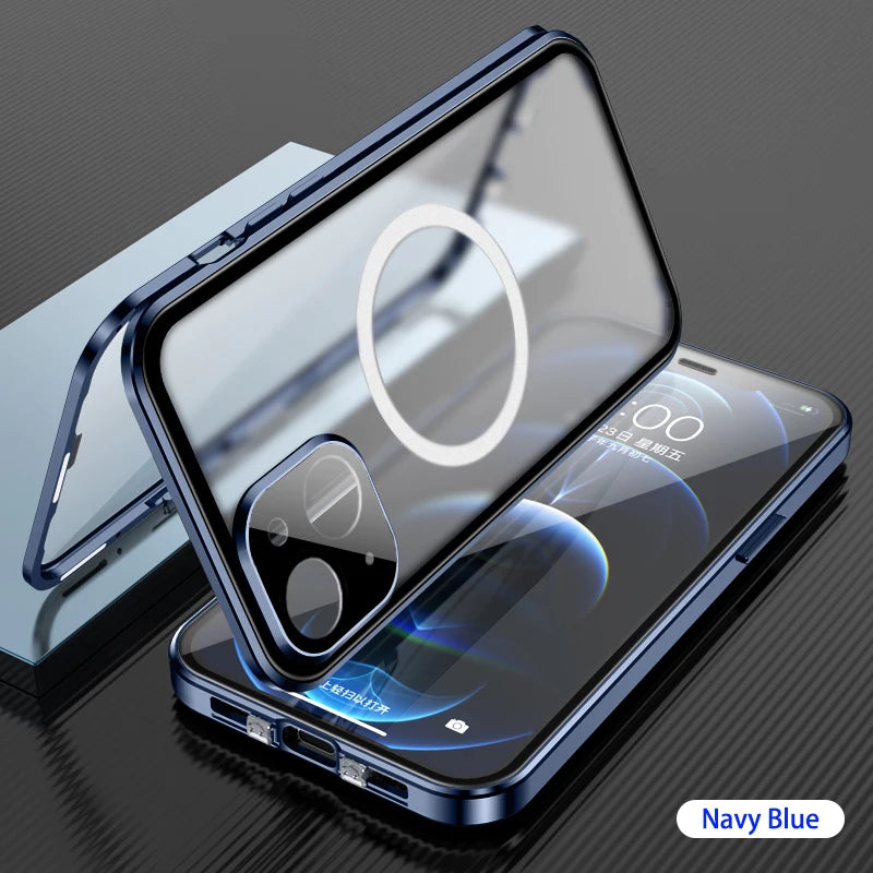 Magnetic Glass 360°  Full screen closed Metal Case For iPhone