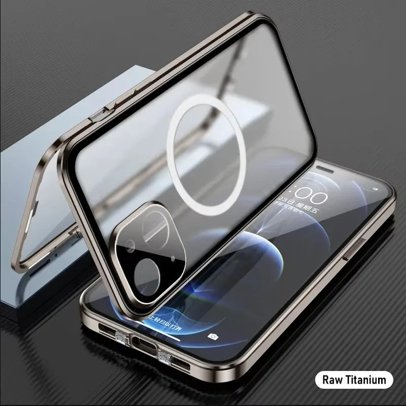 Magnetic Glass 360°  Full screen closed Metal Case For iPhone