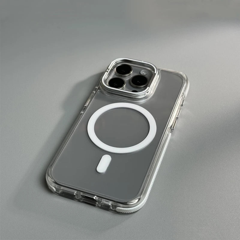 Metal Lens Kickstand Clear Magnetic Phone Case for iPhone