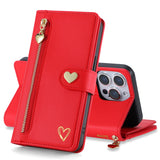 Luxury Heart-Shaped Zipper Flap Wallet Phone Case for iPhone