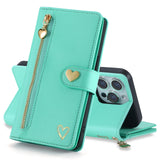 Luxury Heart-Shaped Zipper Flap Wallet Phone Case for iPhone