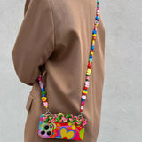 Floral Woven Wrist Strap Building Block Lanyard Soft Case for iPhone