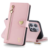 Luxury Heart-Shaped Zipper Flap Wallet Phone Case for iPhone