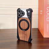 Walnut Wood Frameless Magnetic Case with Metal Rotating Stand for iPhone