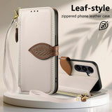 Leaf-Designed Leather Card Slot Lanyard Flip Case for Samsung