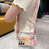 Rhinestone Oil Painting Flower Phone Case with Wristband for Samsung