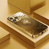 Grid Apple Pattern Electroplated Tempered Glass Phone Case for iPhone