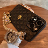 Leather Quilted Camellia with Pearl Bracelet Phone Case for iPhone