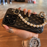 Leather Quilted Camellia with Pearl Bracelet Phone Case for iPhone