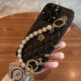 Leather Quilted Camellia with Pearl Bracelet Phone Case for iPhone