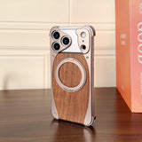 Walnut Wood Frameless Magnetic Case with Metal Rotating Stand for iPhone
