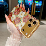 Gold‑Base Red‑White Floral Pattern Electroplated Case for iPhone