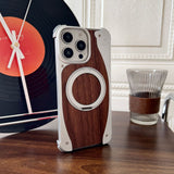 Walnut Wood Frameless Magnetic Case with Metal Rotating Stand for iPhone