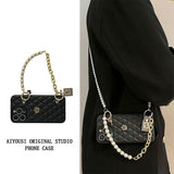 Leather Quilted Camellia with Pearl Bracelet Phone Case for iPhone