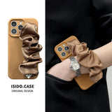 Solid-Color Silk Scarf Wrist Strap with Lanyard Case for iPhone