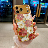 Gold‑Base Red‑White Floral Pattern Electroplated Case for iPhone