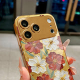 Gold‑Base Red‑White Floral Pattern Electroplated Case for iPhone