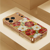 Gold‑Base Red‑White Floral Pattern Electroplated Case for iPhone