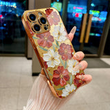 Gold‑Base Red‑White Floral Pattern Electroplated Case for iPhone