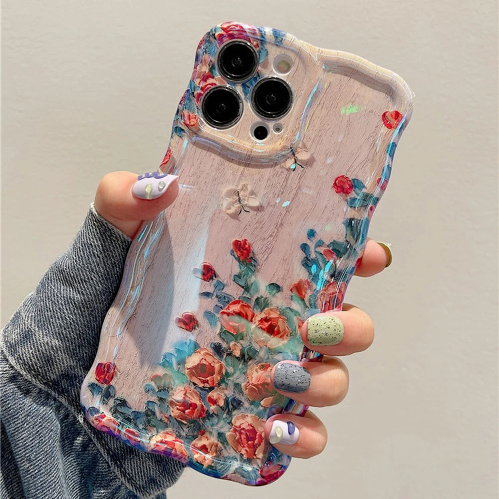 Retro Oil Painting Flower Silicone Case For iPhone