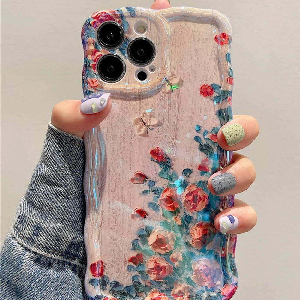 Retro Oil Painting Flower Silicone Case For iPhone