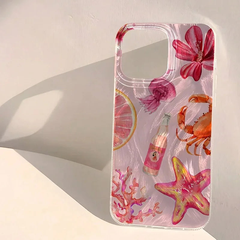 Pink Heart Starfish Coral Jellyfish Pattern Phone Case for iPhone