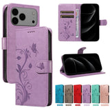Butterfly & Flower Pattern Leather Flip Wallet Case for iPhone