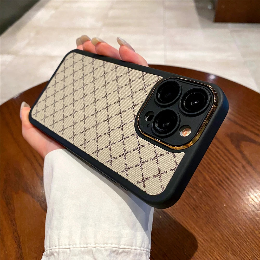 Luxury Soft Leather Fashion Geometric Plaid Pattern Case for iPhone