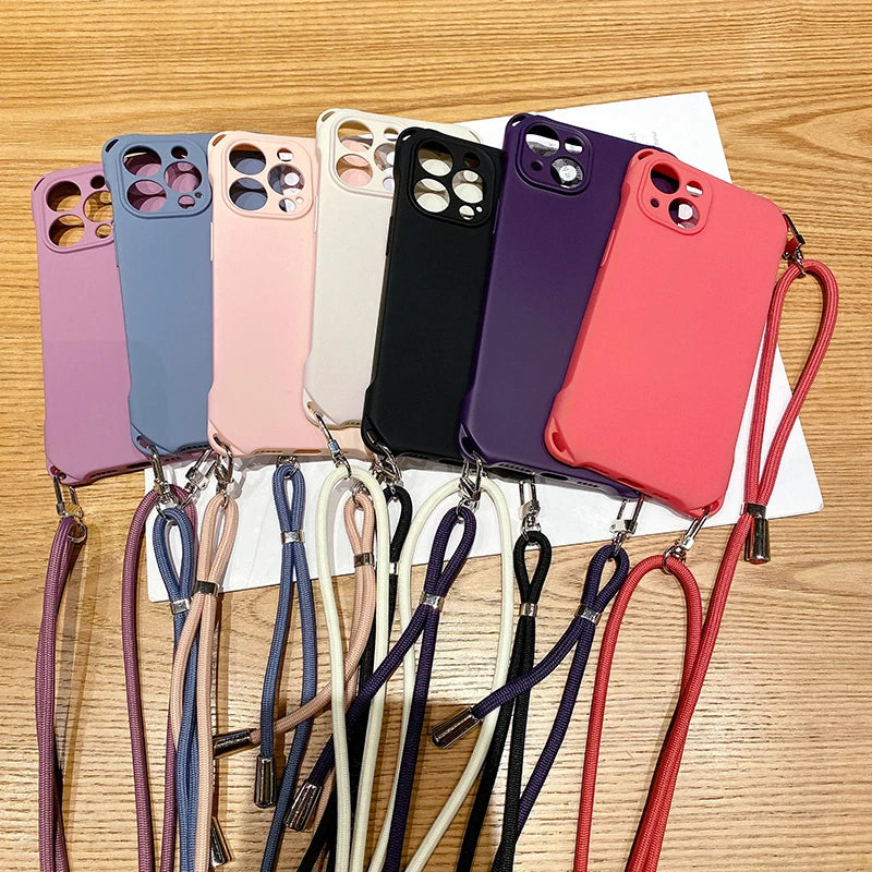 Solid Color Silicone Four Corner Protective Phone Case With Lanyard Strap For iPhone