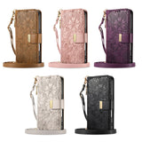 Floral Design Leather Zipper Crossbody Flip Wallet Card Slot Phone Case for IPhone