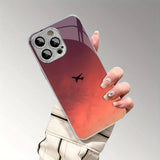 Sunset Colorful Cloud Airplane Print Glass Electroplated Case for iPhone