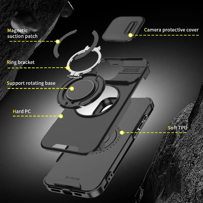 Luxury Armor Magnetic Bracket Slide Camera Protection Case For iPhone