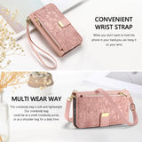 Floral Design Leather Zipper Crossbody Flip Wallet Card Slot Phone Case for IPhone