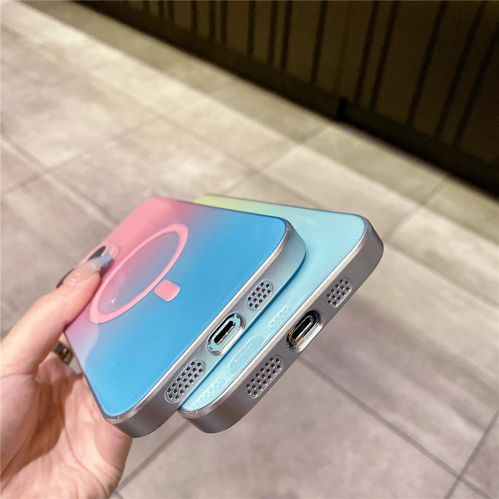 Luminous Fashion Gradient Rainbow Magnetic Wireless Charging Case For iPhone