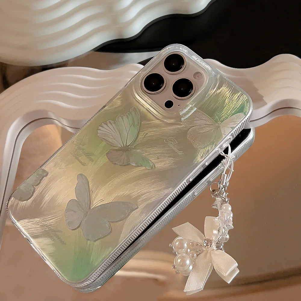 Summer Green Shiny Butterfly Bow Pearl Pendant Phone Case for iPhone