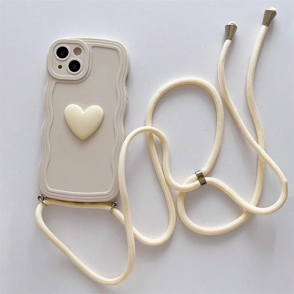 Luxury Crossbody Necklace Lanyard 3D Love Heart Wave Border Soft Case For iPhone