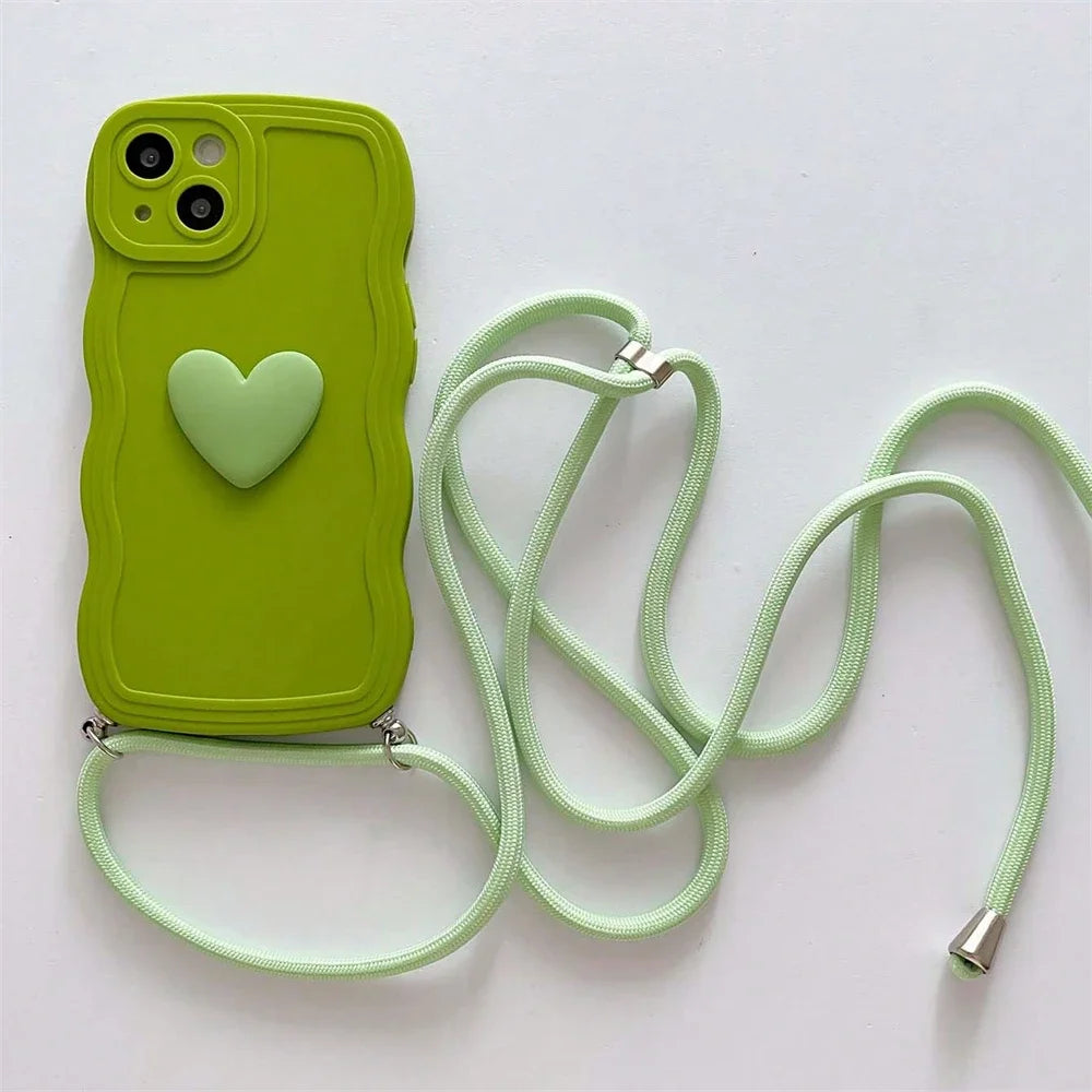 Luxury Crossbody Necklace Lanyard 3D Love Heart Wave Border Soft Case For iPhone