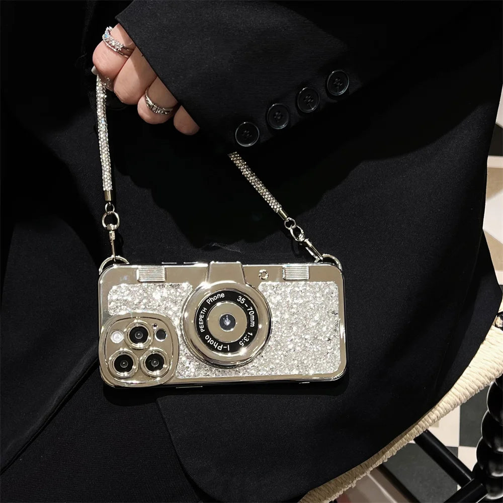 Luxury Plating Camera Wrist Strap Case For iPhone