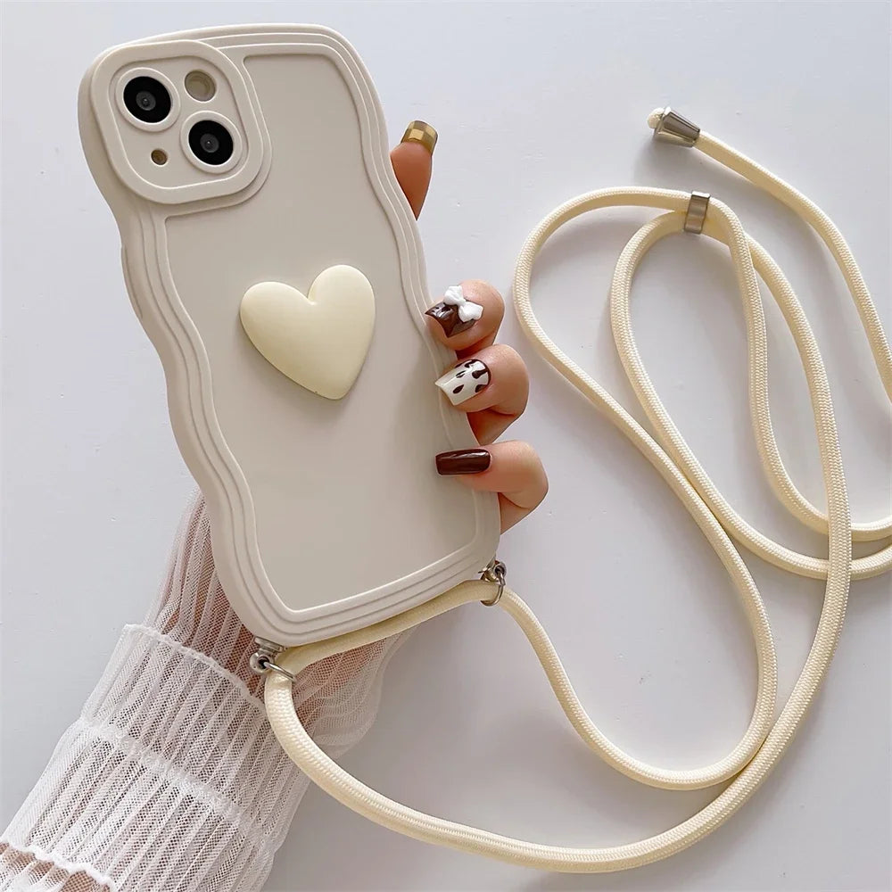 Luxury Crossbody Necklace Lanyard 3D Love Heart Wave Border Soft Case For iPhone