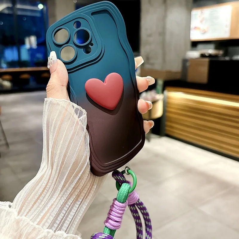 3D Cute Love Heart Gradient With Strap Case For iPhone