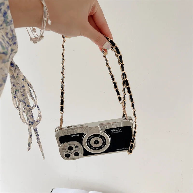 Retro Camera With Lanyard Leather Case For iPhone