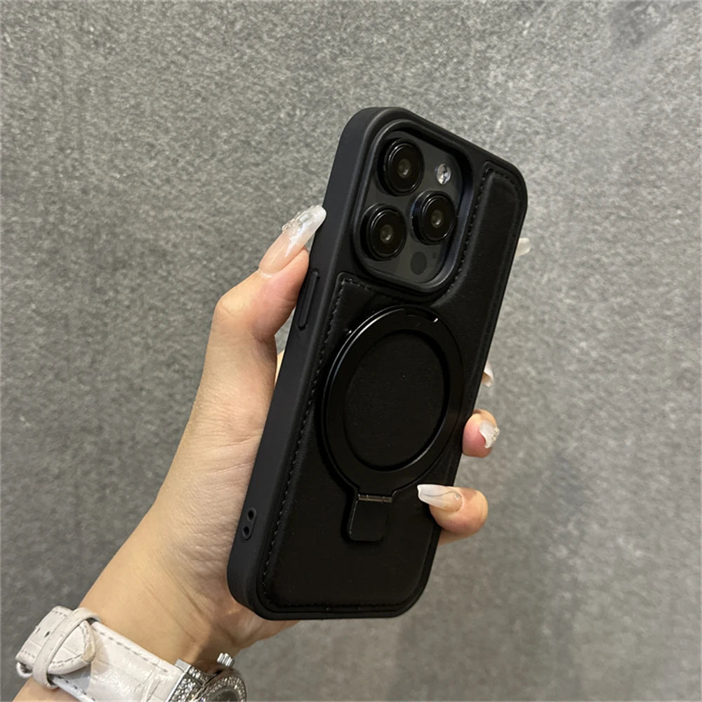 Luxury Business Leather Ring Stand Magnetic Case For iPhone