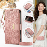 Floral Design Leather Zipper Crossbody Flip Wallet Card Slot Phone Case for IPhone