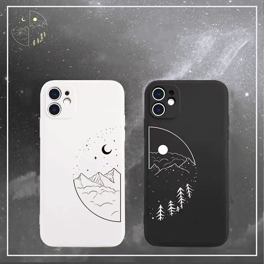 Simple Sun Moon Black White Couple Phone Case For iPhone